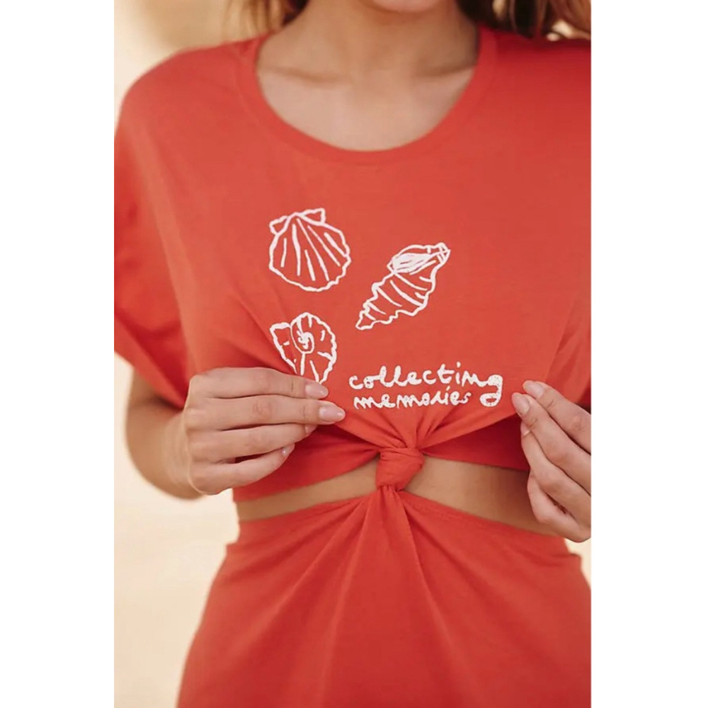 Knot-Front Orange Midi Dress with Cutout - Picture 2 of 14